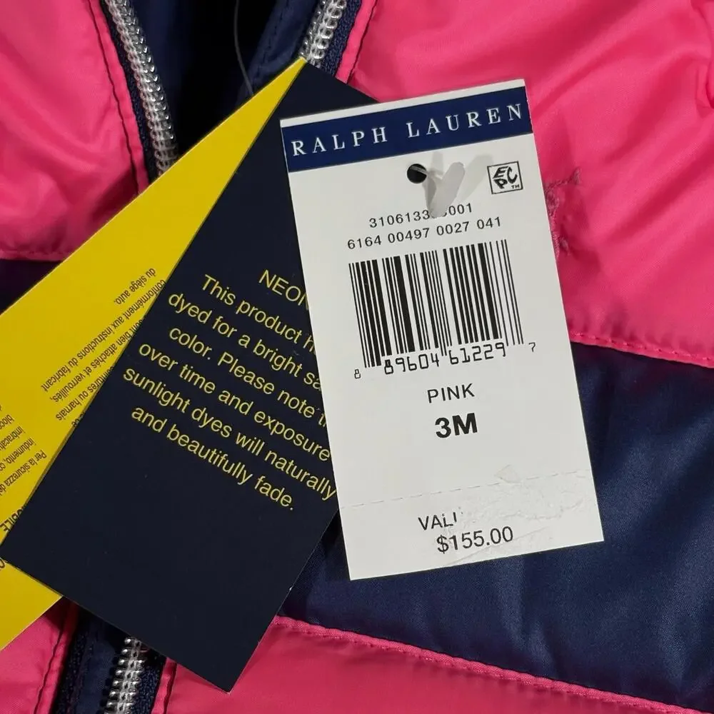Ralph Lauren Jacket Infant Girls 3M Pink Navy Hooded Down Puffer Winter NEW